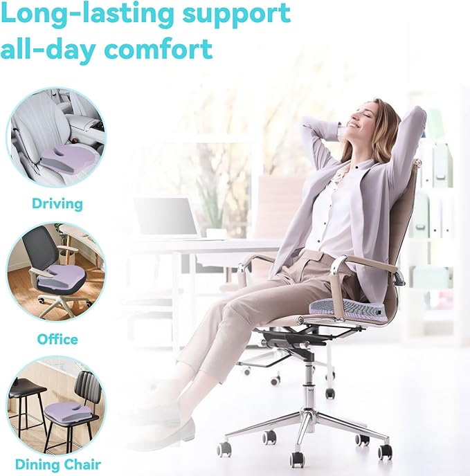 Seat Cushions for Office Chairs Wheelchair Cushion for Long Sitting Back Pain,Memory Foam Seat Car Computer Desk Chair Cushion,Coccyx Cushion for Tailbone Pain Relief Office Chair Butt Pillow Purple
