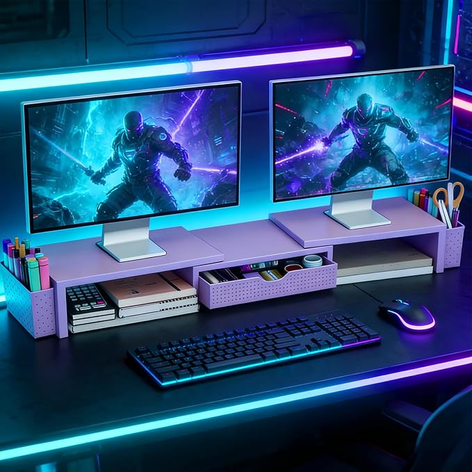 Spacrea Metal Desk Organizers and Accessories, Dual Monitor Stand Riser with Drawer and 2 Pen Holders, Desk Accessories & Workspace Desktop Organizers for Office Supplies (Purple)