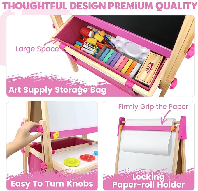 Art Easel for Kids Easel for Toddlers, Adjustable Wooden Kids Drawing Easel with Magnetic Whiteboard & Chalkboard, Kids Dry Erase Board, Easel for Kids Ages 3 4-8 9-12, Pink w/Bag
