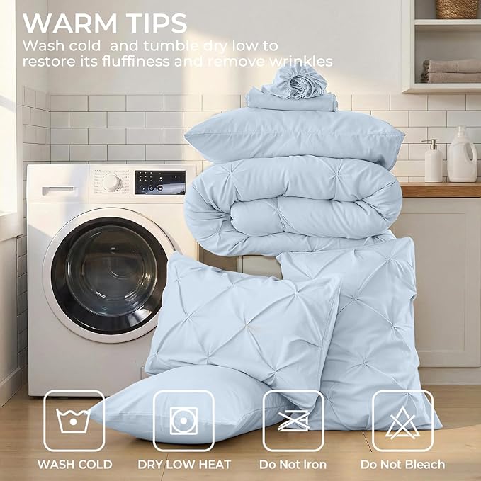 Sasttie Full Size Comforter Set, 7-Piece Bed in a Bag, Pintuck Bedding Sets for All Season, Includes Comforter, Flat Sheet, Fitted Sheet, Pillowcases and Pillowshams, Light Blue