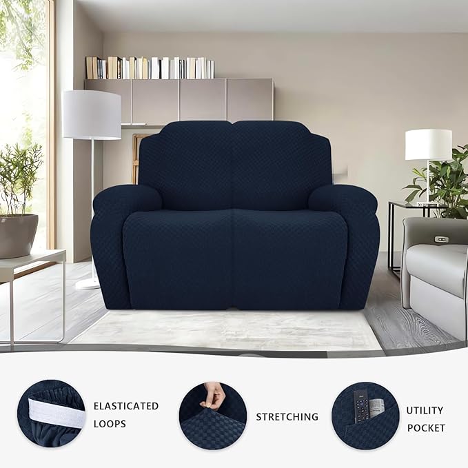 Stretch Jacquard Recliner Sofa Covers 3 Seat Soft Recliner Chair Covers Sofa Slipcover with Pocket and Elastic Bottom Furniture Protector for Kid,Pets(Checks,Navy Blue)