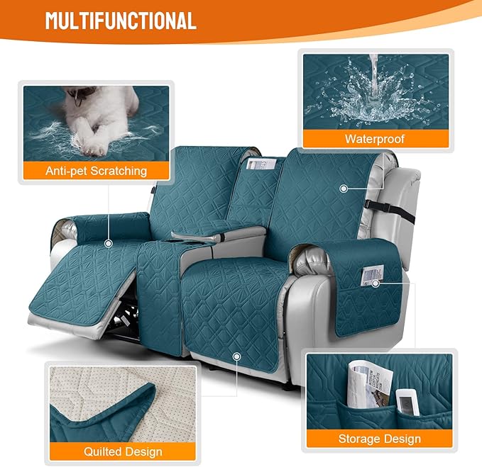 VANSOFY Loveseat Recliner Cover with Console 100% Waterproof Sofa Slipcovers Non-Slip Reclining Couch Cover Split Sofa Cover Furniture Protector for Pets, Dogs(Peacock Blue)