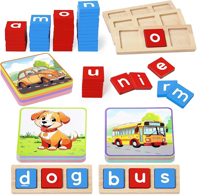 KMUYSL CVC Word Spelling Games, Wooden Learning Activities Toys, Educational Montessori Toy for 2 3 4 5 Years Old Toddlers Kids Boys and Girls, Flash Cards Sight Words for Kindergarten Preschool