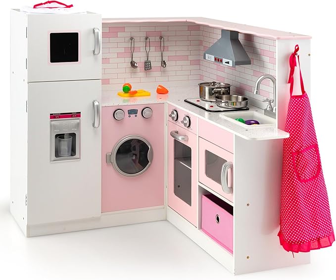 HONEY JOY Pink Corner Kids Kitchen Playset, Wooden Play Kitchen for Toddlers, Washing Machine, Range Hood, Water Dispenser, Cookware, Apron, Little Chef Pretend Toy Kitchen Set w/Lights & Sounds