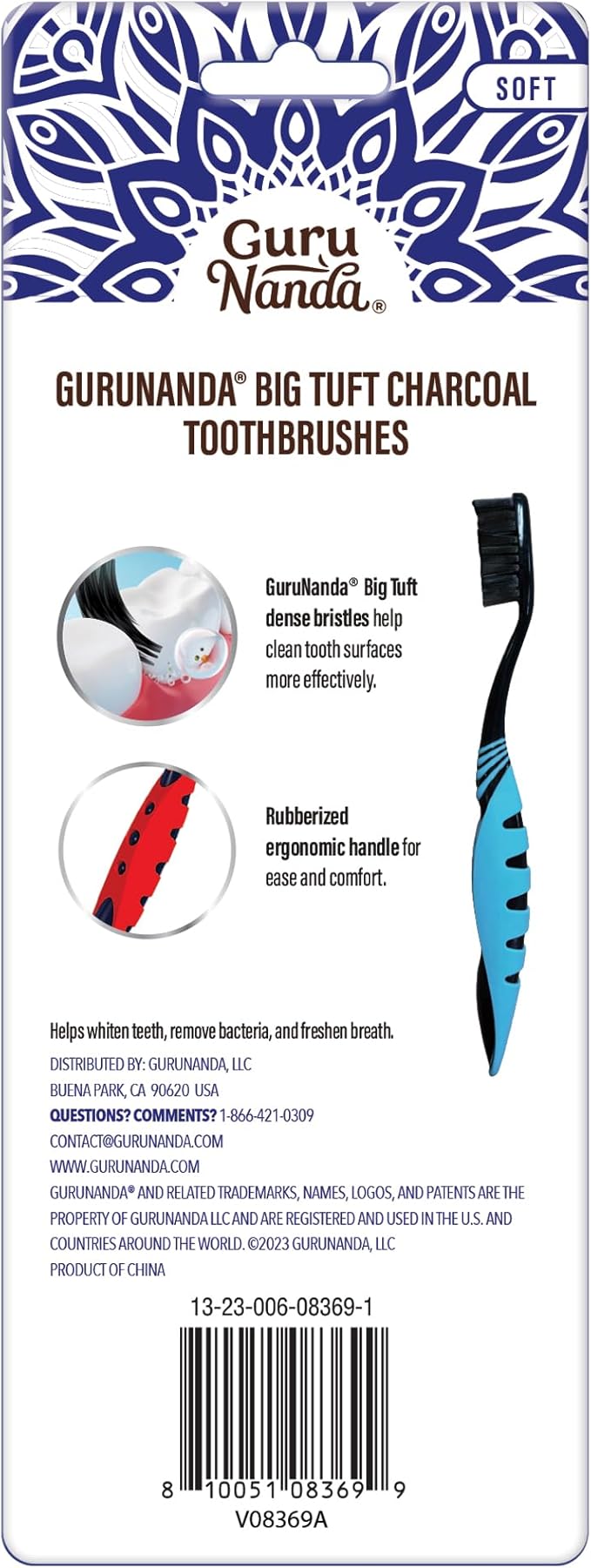 GuruNanda Charcoal Infused Toothbrush – Soft Charcoal Bristles - Helps Clean Plaque, Whitens Teeth, and Aids in Fresh Breath – BPA-Free Brush for Adults & Kids (6 Count)