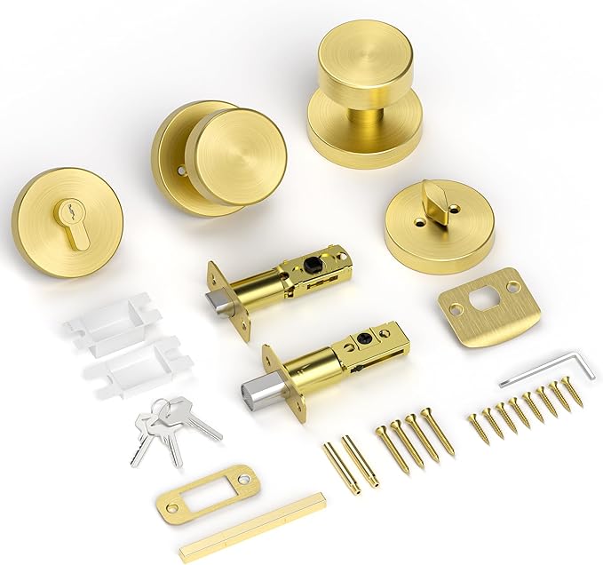 Gold Door Knob with Deadbolt Lock, Satin Brass Front Door Handle with Deadbolt Lock Set, Round Deadbolt and Exterior Door Knob with Key