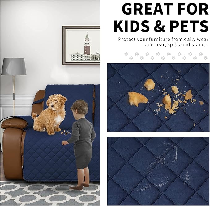 Easy-Going Oversized Loveseat Recliner Cover, Reversible Couch Cover for Double Recliner, Split Sofa Cover for Each Seat with Elastic Straps for Dogs, Pets(Oversized 2 Seater, Navy/Ivory)