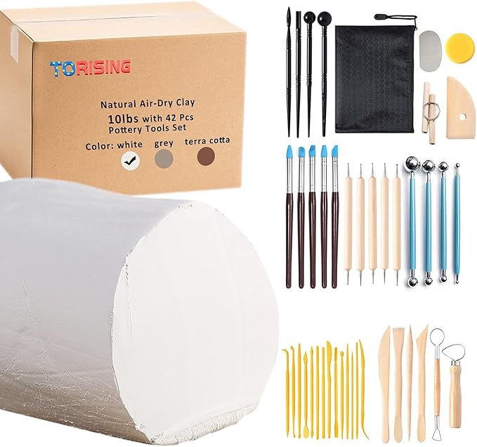 Air Dry Clay 10 LBs with 42 Pcs set Pottery Clay Tools Set for Hand Modeling and Throwing, Non-Toxic (White & Kit)