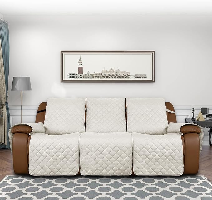 Easy-Going Oversized Recliner Sofa Cover, Reversible Couch Cover for 3 Seat Recliner, Split Sofa Cover for Each Seat with Elastic Straps for Kids, Dogs, Pets (3 Seater, Ivory/Ivory)