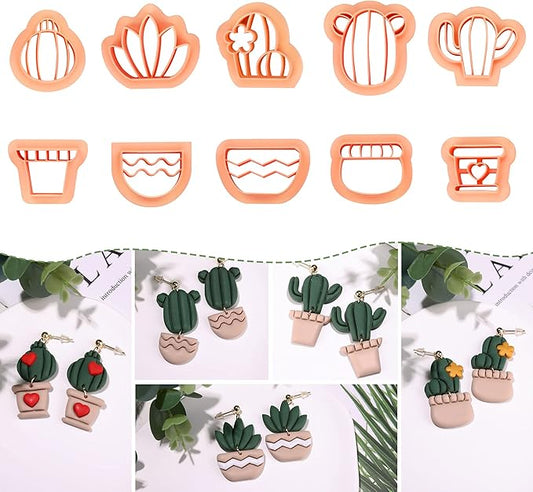 Puocaon Cactus Polymer Clay Cutters - 10 pcs Clay Cutters for Earrings Making, Cactus and Flowerpot Shapes Clay Cutters for Polymer Clay Jewelry, Adorable Mini Clay Cutters for Handmade Craft