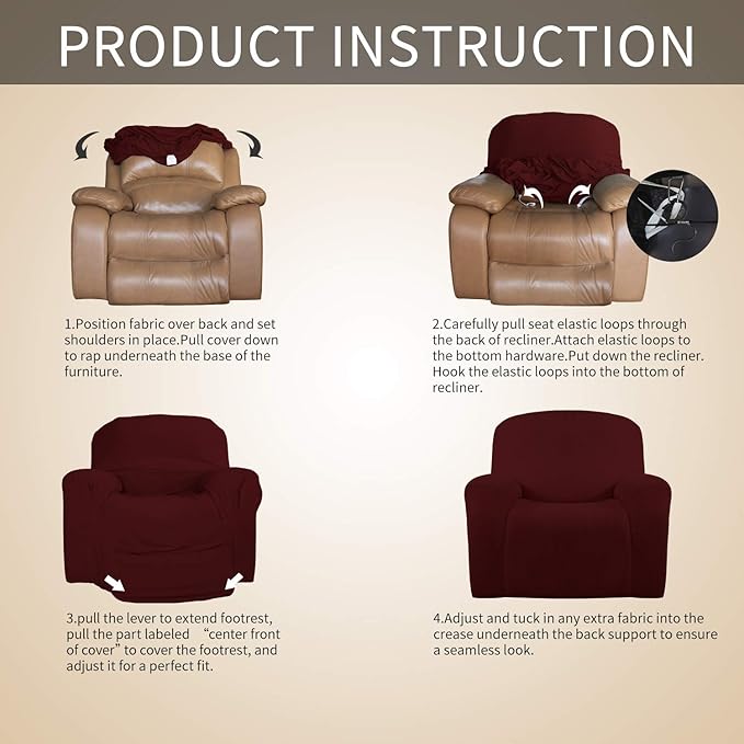 Easy-Going Oversized Recliner Stretch Sofa Slipcover Sofa Cover 1 Piece Furniture Protector Couch Soft with Elastic Bottom Kids,Polyester Spandex Jacquard Fabric Small Checks(Oversize Recliner,Wine)