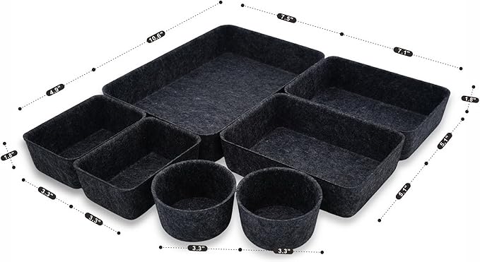 Welaxy Drawer organizer felt trays desk storage bins for home office supplies decluttering 7-piece (Carbon)
