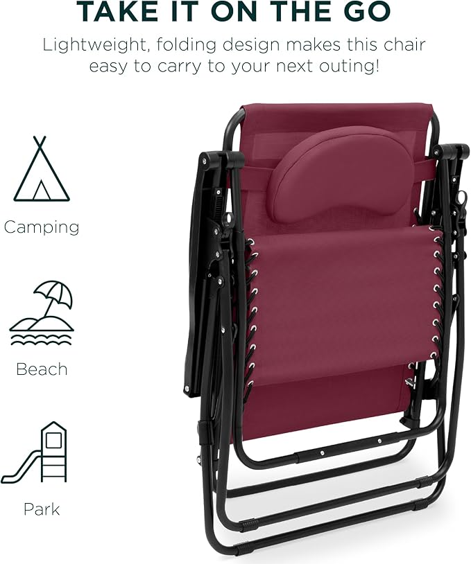 Best Choice Products Oversized Zero Gravity Chair, Folding Outdoor Patio Lounge Recliner w/Cup Holder Accessory Tray, Pillow - Burgundy