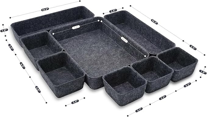 Welaxy Desk Drawer Organizer Tray, 8-Piece Shallow Felt Office Storage for Pens & Accessories (Charcoal)
