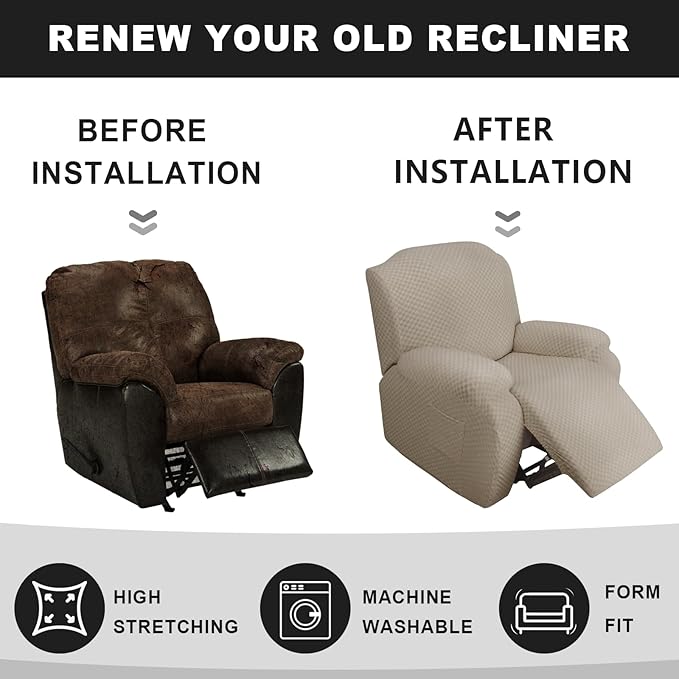 Stretch Jacquard Recliner Sofa Covers 3 Seat Soft Recliner Chair Covers Sofa Slipcover with Pocket and Elastic Bottom Furniture Protector for Kid,Pets(Checks,Khaki)
