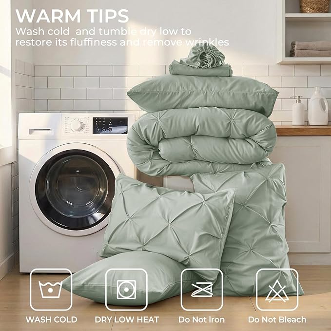 Sasttie California King Comforter Set, 7-Piece Bed in a Bag Cal King, Pintuck Bedding Set for All Season, Includes Comforter, Flat Sheet, Fitted Sheet, Pillowcases and Pillowshams, Sage Grey