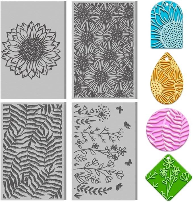 4PCS Polymer Clay Flowers Leaves Texture Sheets Set for Using with Clay Cutters Boho Clay Mat Effect as Clay Texture Roller Polymer Clay Tools Clay Earrings Texture Mats for Polymer Clay