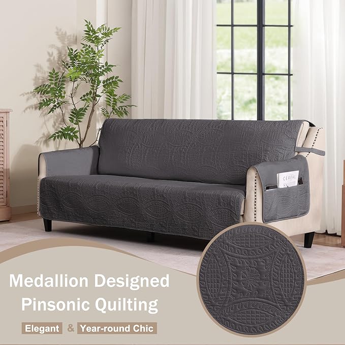 Water Repellent Gray Loveseat Cover for 2 Cushion Couch, Machine Washable Love Seat Quilted Couch Covers, Pet Friendly Slipcovers (Loveseat 48", Gray)