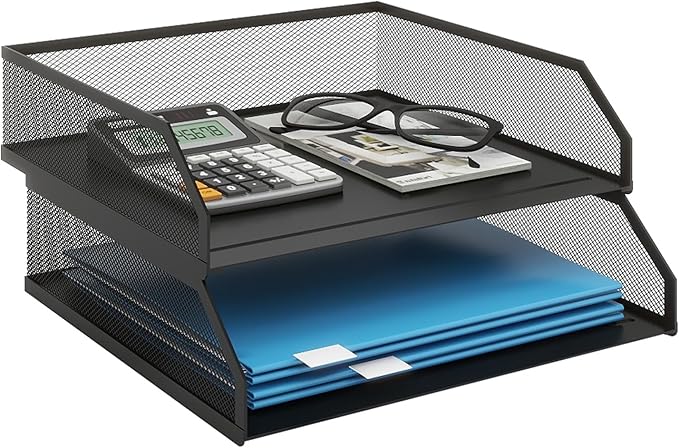 Natwind 2-Tier Stackable Paper Tray, Metal Mesh Desktop Organizer, A4 Paper Sorter, Letter Trays,File Folder Sorter Organizer with Sliding Tray for Home, Office, School (Black)
