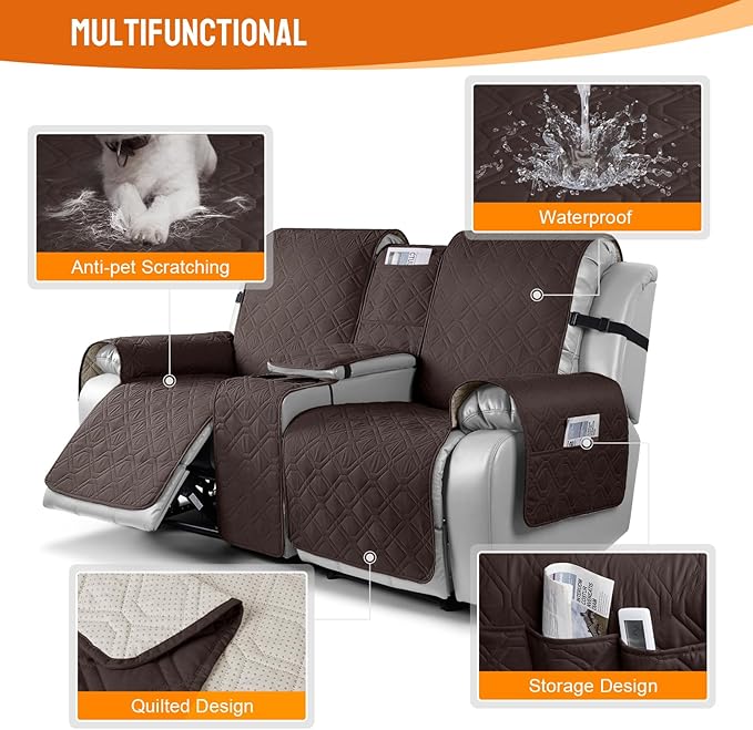 VANSOFY Loveseat Recliner Cover with Console 100% Waterproof Sofa Slipcovers Non-Slip Reclining Couch Cover Split Sofa Covers Furniture Protector for Pets, Dogs(Dark Chocolate)