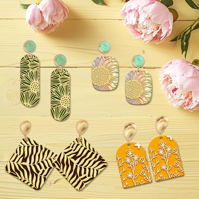 4PCS Polymer Clay Flowers Leaves Texture Sheets Set for Using with Clay Cutters Boho Clay Mat Effect as Clay Texture Roller Polymer Clay Tools Clay Earrings Texture Mats for Polymer Clay