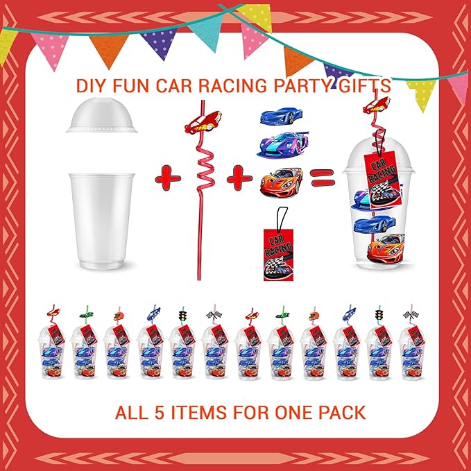 128 Pcs Race Car Party Favors, Race Car Birthday Party Decoration, Christmas Race Car Party Decoration, Including Cup Straw Buckle Bracelet Mini Car Stickers Keychain For New Year Gifts Party Supplies