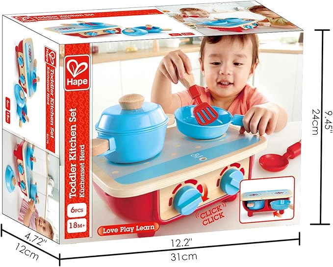 Hape Toddler Kitchen Set | Wooden 6 Piece Cooking Set, Pretend Kitchen Playset with Toy Stove, Frying Pan, Spoon, Spatula