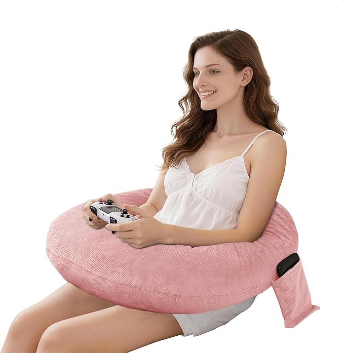 DWCN Reading Pillow for Gaming, Gaming Pillow for Lap Support with Side Pocket & Back Strap for Bed, Sofa, Floor - Arm Rest Pillow for Playing, Working, Sitting, Crocheting (Pink)