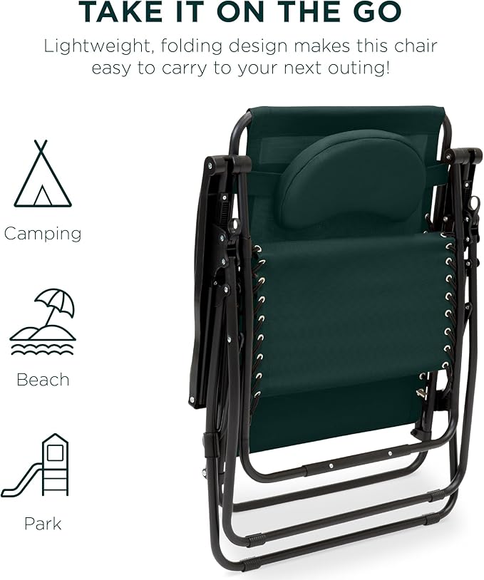Best Choice Products Oversized Zero Gravity Chair, Folding Outdoor Patio Lounge Recliner w/Cup Holder Accessory Tray, Pillow - Forest Green