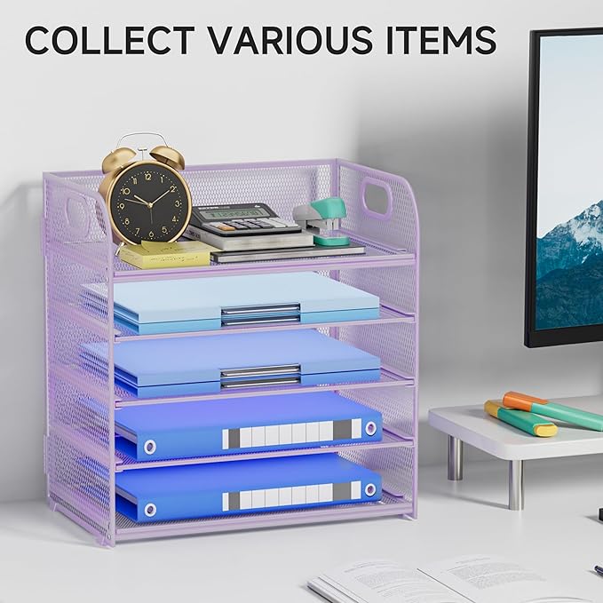 5-Tier Stackable Paper Organizer with Handle, Purple Metal Mesh Letter Tray | Elegant Desk File Sorter for Office, Home & Classroom Organization