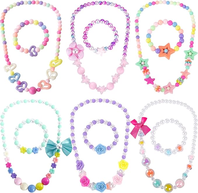 BigOtters Little Girls Necklace Bracelet, 6 Sets Lovely Colorful Beads Jewelry Princess Dress up for Toddlers Pretend Play Party Costume,Easter Eggs Stuffers Kids Easter Gift