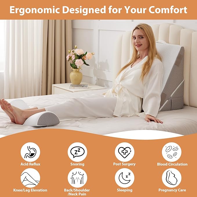 3PCS Wedge Pillow Set for After Surgery, Wedge Pillow for Acid Reflux Relief, Bed Wedge Pillow With Adjustable 9&12inch for Headboard,Sleeping, Orthopedic Memory Foam for Neck&Back Support, White/Grey