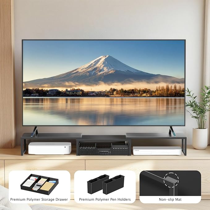 OPNICE Desk Organizers and Accessories, Dual Monitor Stand Riser with Drawer and 2 Pen Holders, Desk Shelf Metal Computer Racks for Office Workspace Organizers, Desktop Organization (Black)