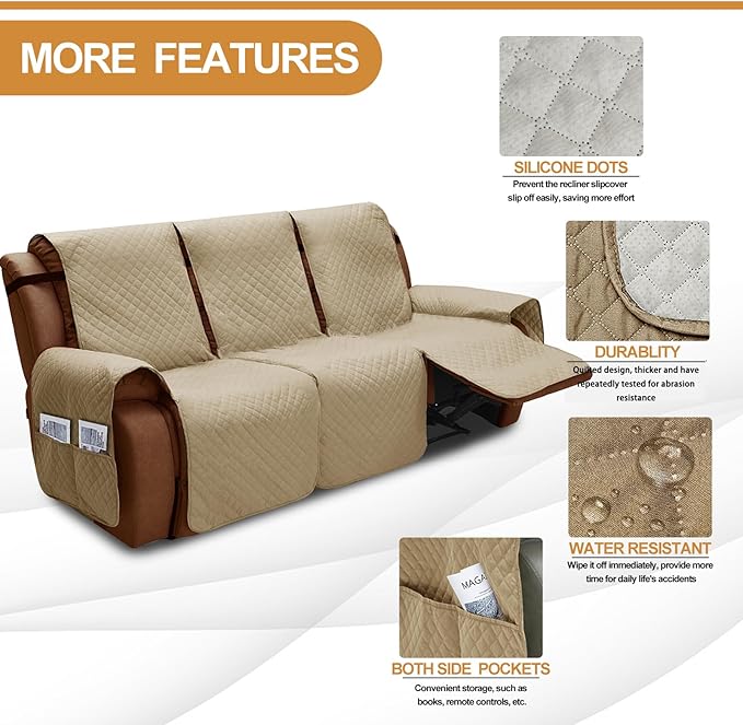 XINEAGE Water Resistant Recliner Cover, 3 seat Recliner Sofa Covers with Pockets, Quilted Thick Recliner Protector Cover for Dog Pets with Non Slip Backing and Strap (Recliner Sofa, Khaki)