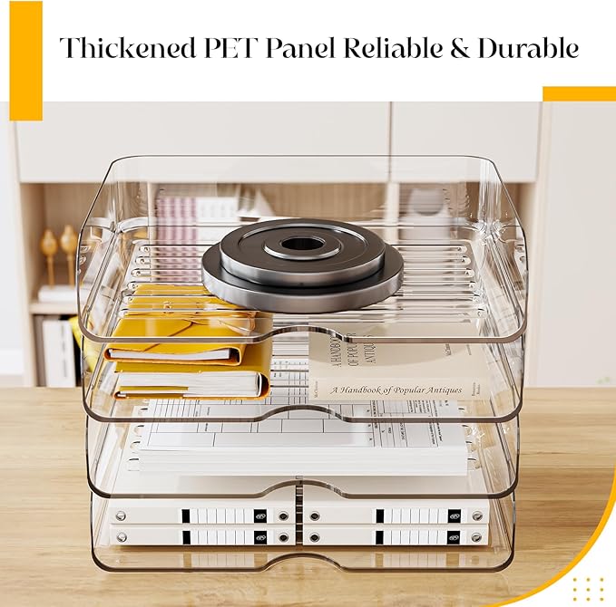 HIYOHIYO 4 Tier Clear A4 Paper Organizer, Acrylic Desktop Organizer for A4 File, Stackable Papers Tray for Office, Large Capacity Desk Letter Holder, Stackable Paper Storage Rack, Horizontal Style