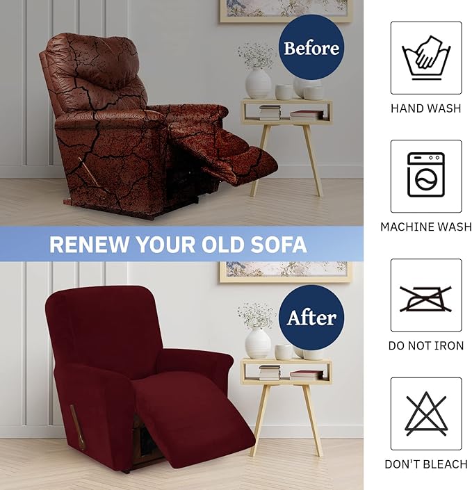 WEERRW Velvet High Stretch Recliner Chair Cover 1 Piece Recliner Couch Cover, Washable Furniture Protector with Non Slip Elastic Bottom for Kids and Pets, Burgundy