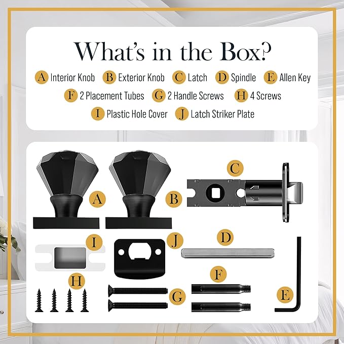 Black Crystal Door Knob, Square Base, Glass Door Knobs Interior Non-Locking Set, Antique Decorative Vintage Style for Hallway, Closet, Passage Doors, 1 Pack