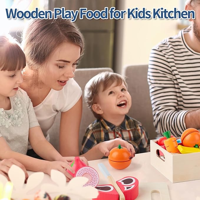 32 Pcs Wooden Play Food Sets for Kids Kitchen Accessories, Montessori Educational Toys Food, Pretend Play Food for Toddlers, Velcro Fruits and Vegetables Cutting Set for Kids Boys Girls