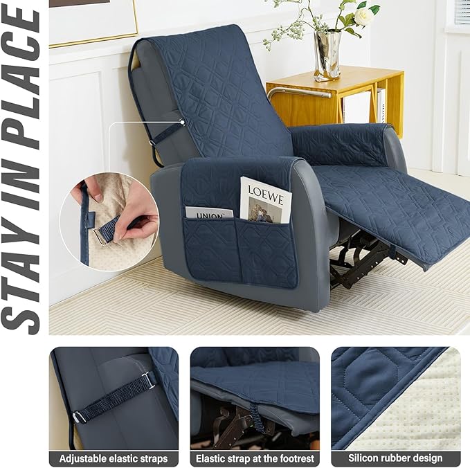 Recliner Chair Cover Sofa Slipcover Non-Slip Chair Couch Cover Machine Washable Furniture Protector with Straps for Dogs(Blue, 23inch Recliner)