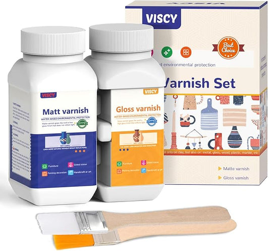 240ml Air Dry Clay Glaze, Clay Paint for Pottery Air Dry, Clay Paint High Gloss, Anti-Scratch, Waterproof, Clay Glaze Set with 120ml Matte Varnish and 120ml Gloss Varnish, 2 Brushes.