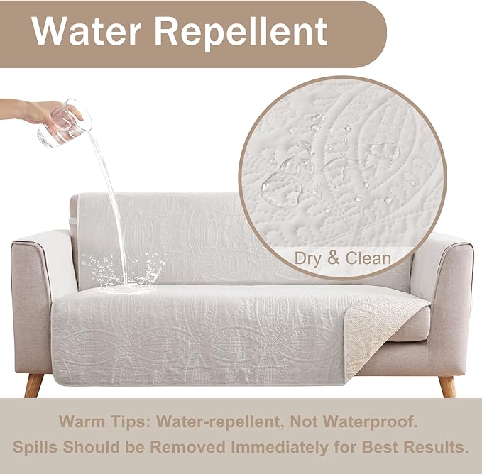 White Loveseat Couch Cover 2 Cushion Sofa, Water-Repellent Sofa Slipcover for Loveseat, Machine Washable Love Seat Quilted Couch Covers, Pet Friendly Loveseat Slipcovers (Loveseat 56", White)