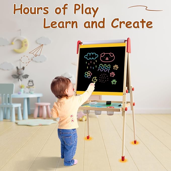 LOL-FUN Easel for Kids 4, Magnetic Double Sided Wooden Kids Easel for Painting with Paper Roll, Adjustable Art Easel for Kids Ages 4-8