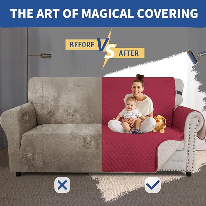 XINEAGE Loveseat Sofa Cover Waterproof Couch Covers for 2 Cushion Couch, Soft Washable Slipcover with Pockets & Non-Slip Elastic Straps, Thick Furniture Protector (Loveseat, Red)