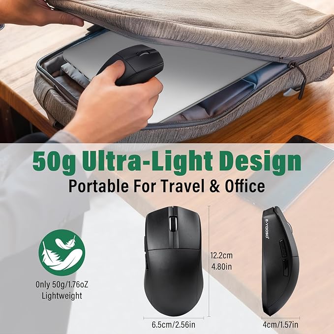 Portable Wireless Bluetooth Mouse For Laptop,50g Lightweight,USB C Rechargeable,DPI 4000,Tri-Mode 2.4G/BT5.1/ Wired,150 Hour Battery Life,Ideal For Travel/Office/Home/PC Computer/Macbook Mini Air Pro