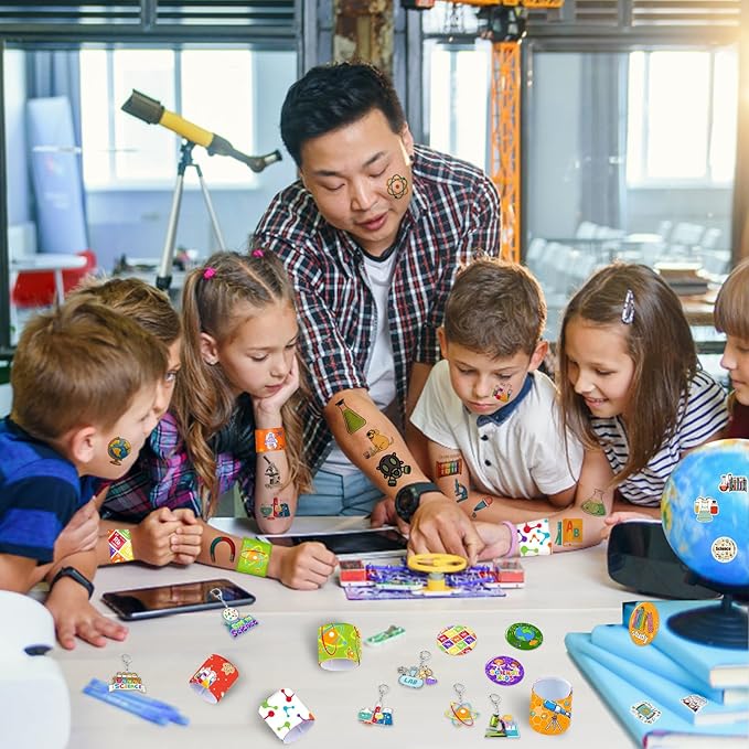 98PCS Science Party Favors Scientist Party Supplies with Science Slap Bracelets Science Stickers Science Badge Scientist Keychains Science Temporary Tattoos for Science Lab Party