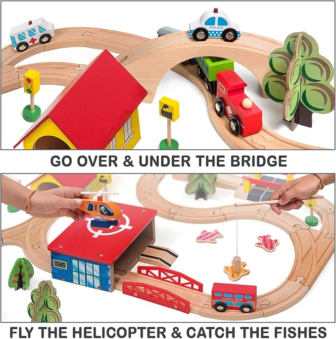 Wooden Train Set - 69 Pieces Wooden Train Tracks & Trains for Kids, Toddler Boys and Girls 3,4,5 Years Old and Upâ Premium Wood Construction Toys -Fits Thomas, Brio, IKEA, Melissa and Doug