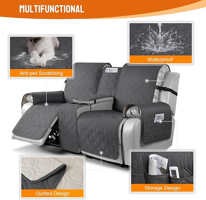 VANSOFY Loveseat Recliner Cover with Console 100% Waterproof Sofa Slipcovers Non-Slip Reclining Couch Cover Split Sofa Covers Furniture Protector for Pets, Dogs(Charcoal Gray)
