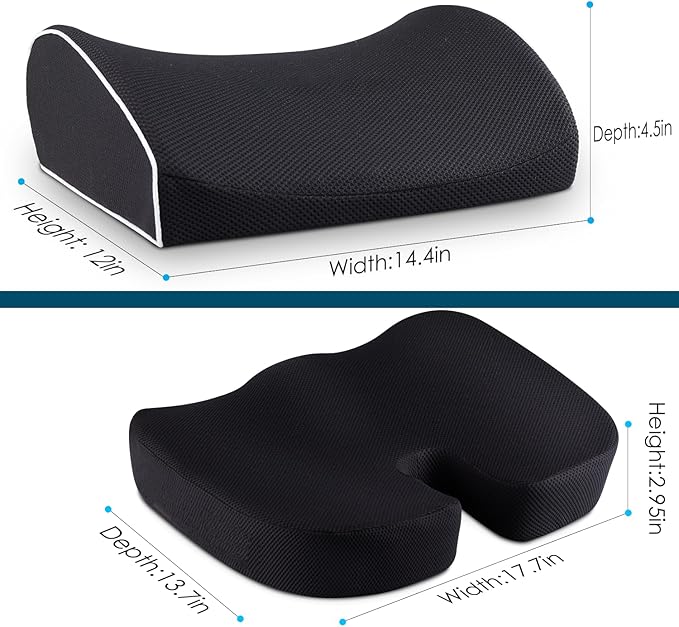 Coccyx Seat Cushion and Lumbar Support Pillow for Office Chair Wheelchair, Orthopedic Car Seat Cushion Memory Foam Back Support Cushion for Lower Back Pain,Tailbone & Sciatica Pain Relief Black