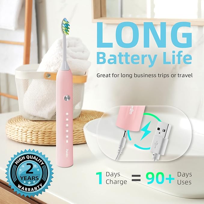 7AM2M Sonic Electric Toothbrush for Adults and Kids with 8 Brush Heads and Travel Case,5 Modes with 2 Minutes Build in Smart Timer, One Charge Use for 90 Days, Rechargeable Toothbrushes(Pink)