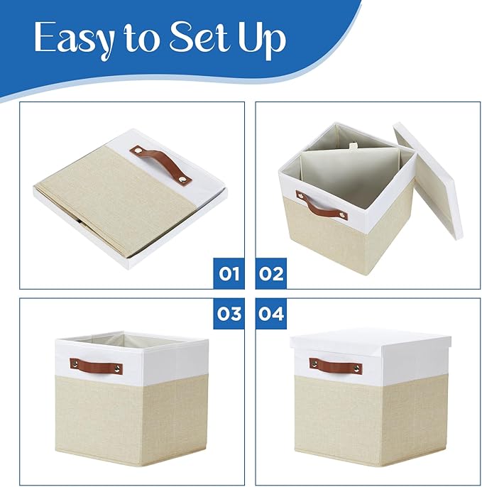 Temary Foldable Fabric Storage Bins with Lids, 2-Pack Storage Bin for Organizing Living Room, Closet Organization, Multi-Purpose Storage Boxes for Clothes (White&Khaki, 10.5x10.5x10.5in)